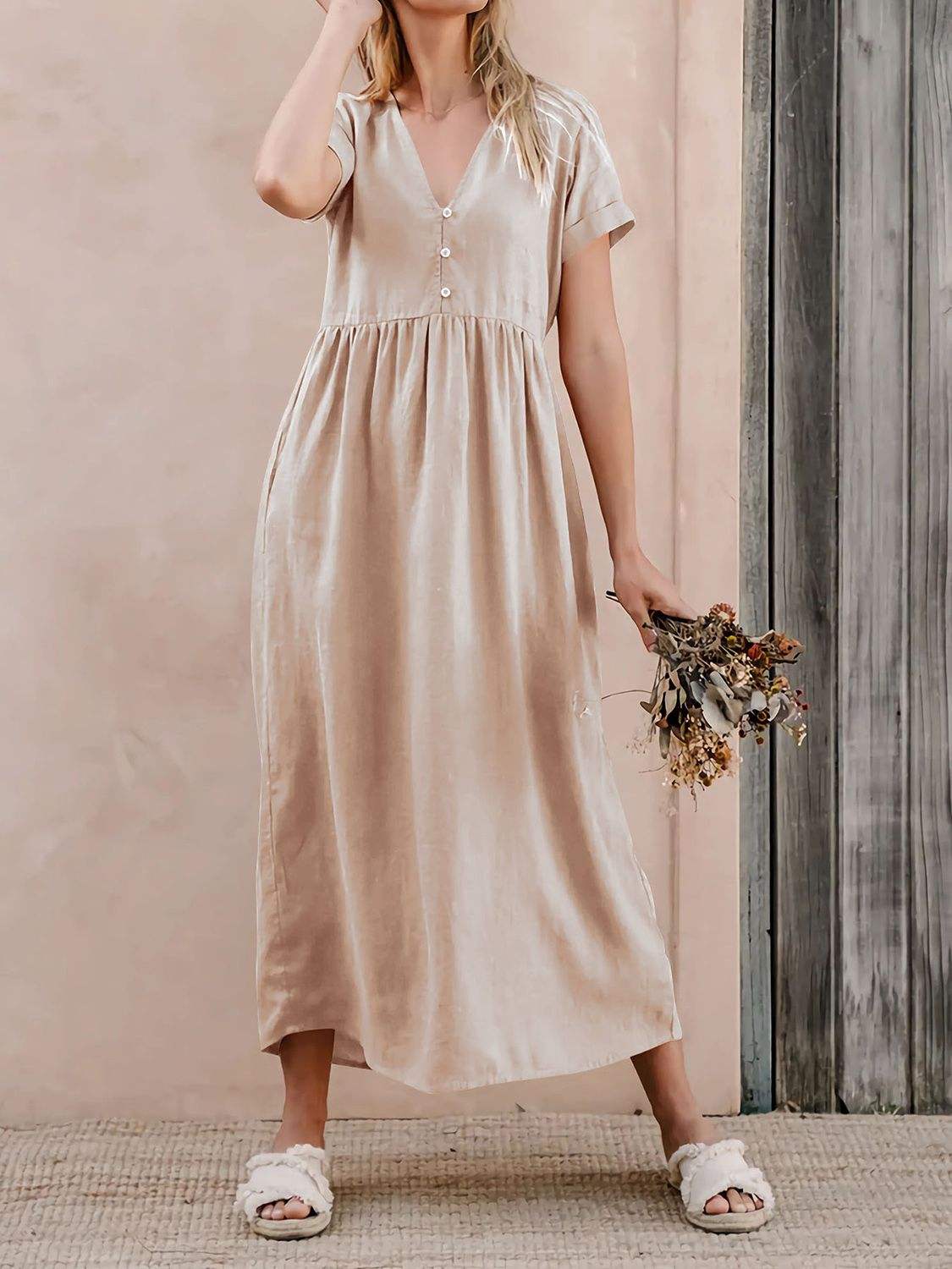 V-Neck Short Sleeve Midi Dress - Trendsi - Flyclothing LLC
