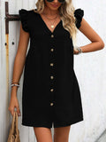 Button Up V-Neck Cap Sleeve Mini Dress - Trendsi - Flyclothing LLC