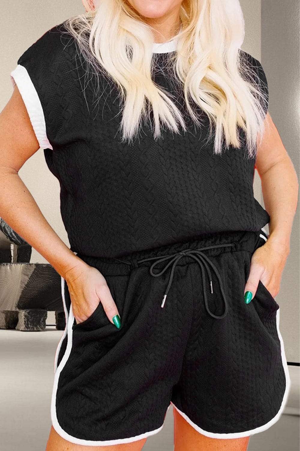 Contrast Trim Round Neck Top and Shorts Set - Trendsi - Flyclothing LLC