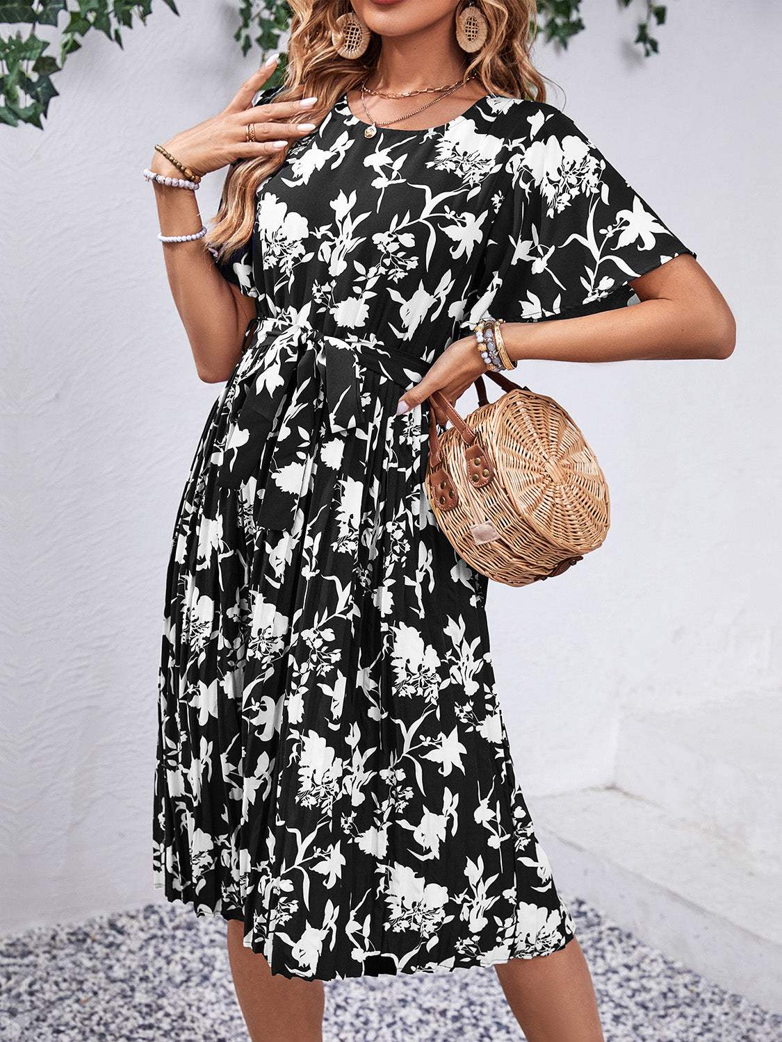 Printed Round Neck Short Sleeve Dress - Trendsi - Flyclothing LLC