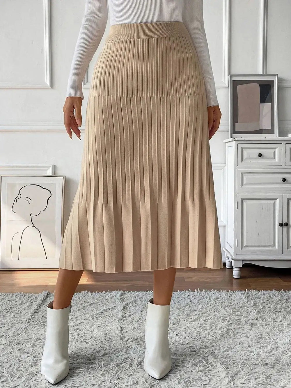 Perfee Pleated Midi Sweater Skirt - Trendsi