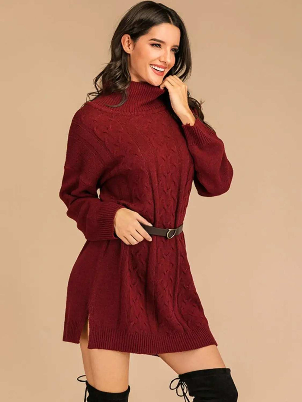 Perfee Slit Turtleneck Long Sleeve Mini Sweater Dress - Trendsi - Flyclothing LLC