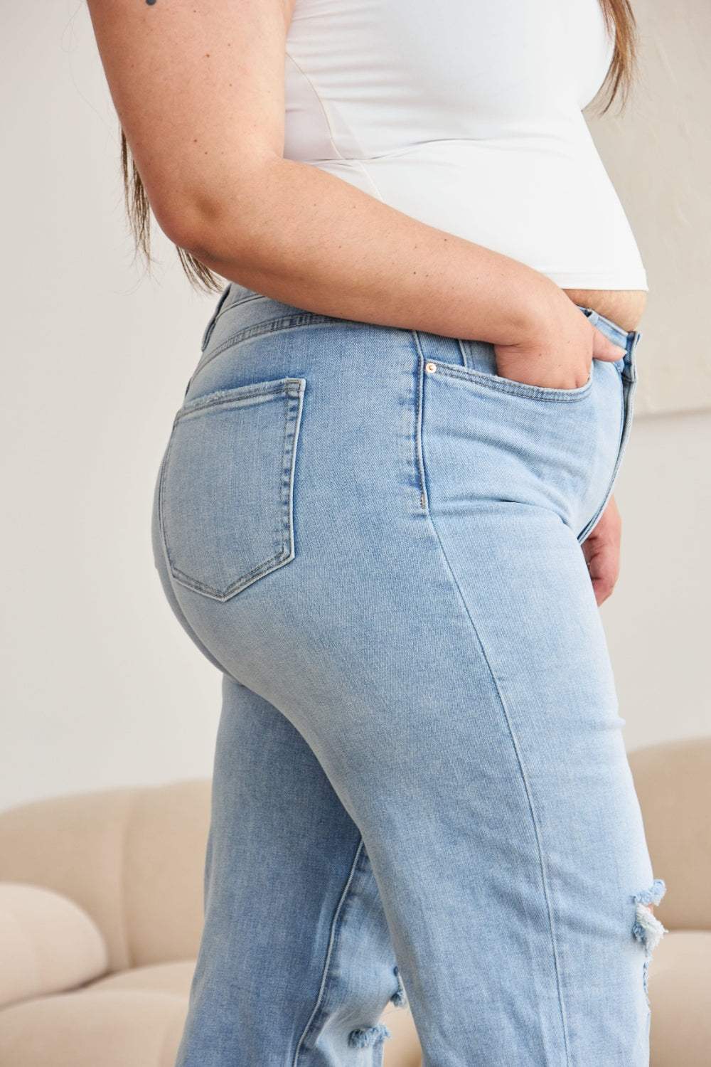 RFM Full Size Tummy Control High Waist Raw Hem Distressed Jeans - Trendsi - Flyclothing LLC