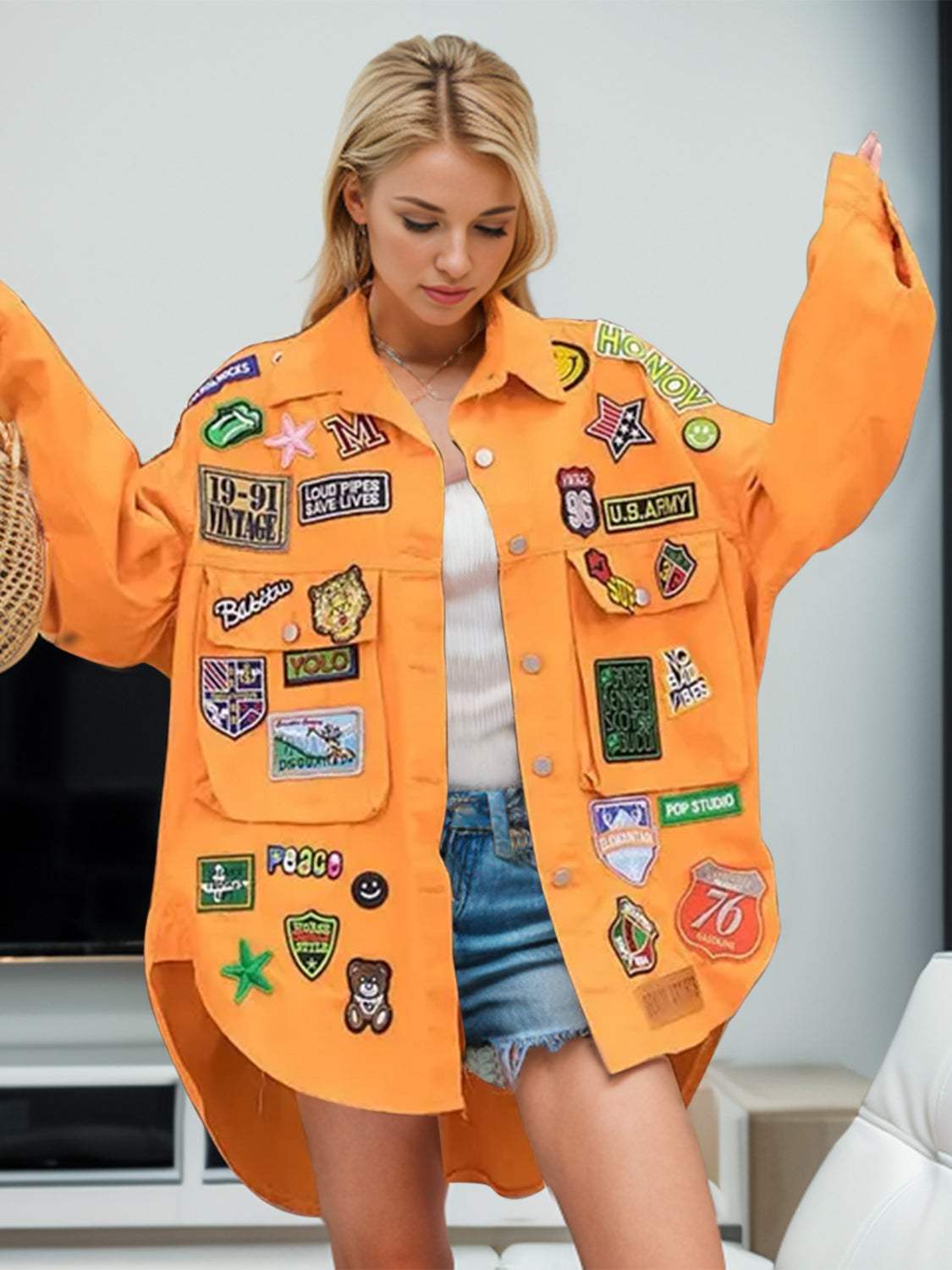 Embroidered Patch Button Up Long Sleeve Denim Jacket - Trendsi - Flyclothing LLC