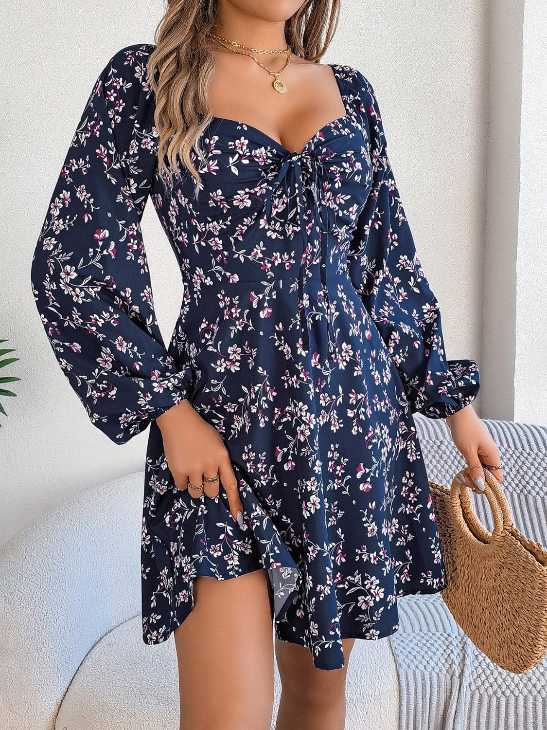 Printed Sweetheart Neck Balloon Sleeve Mini Dress - Trendsi