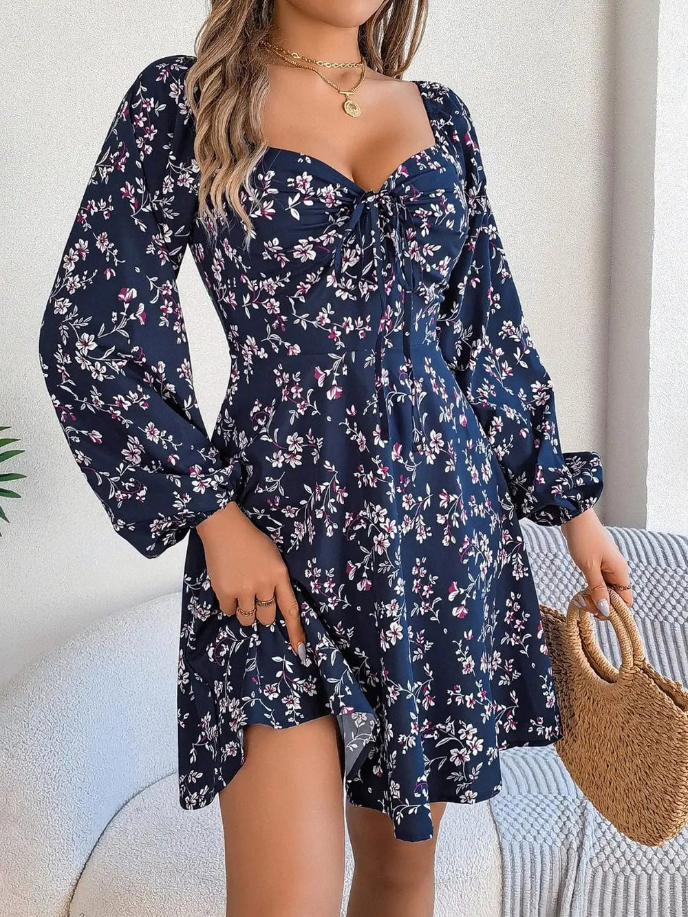 Printed Sweetheart Neck Balloon Sleeve Mini Dress - Trendsi