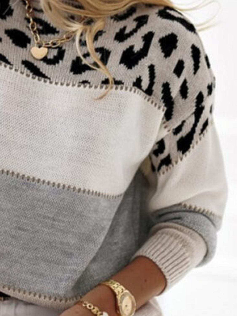 Leopard Color Block Round Neck Long Sleeve Sweater - Trendsi - Flyclothing LLC