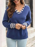 Striped Trim Drop Shoulder Sweater - Trendsi