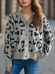 Leopard V-Neck Button Up Cardigan - Trendsi