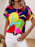 Contrast Round Neck Short Sleeve Blouse - Trendsi - Flyclothing LLC