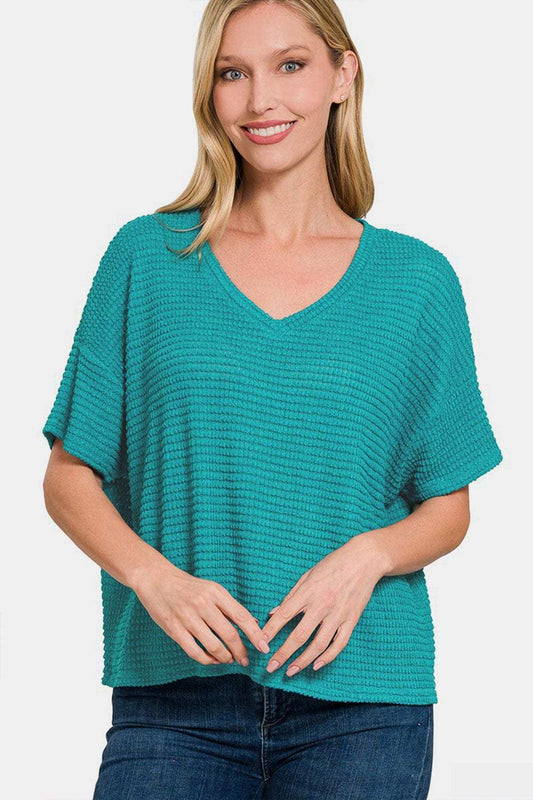 Zenana Drop Shoulder Short Sleeve Jacquard Knit Top - Trendsi - Flyclothing LLC