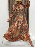 Smocked Printed V-Neck Flounce Sleeve Dress - Trendsi