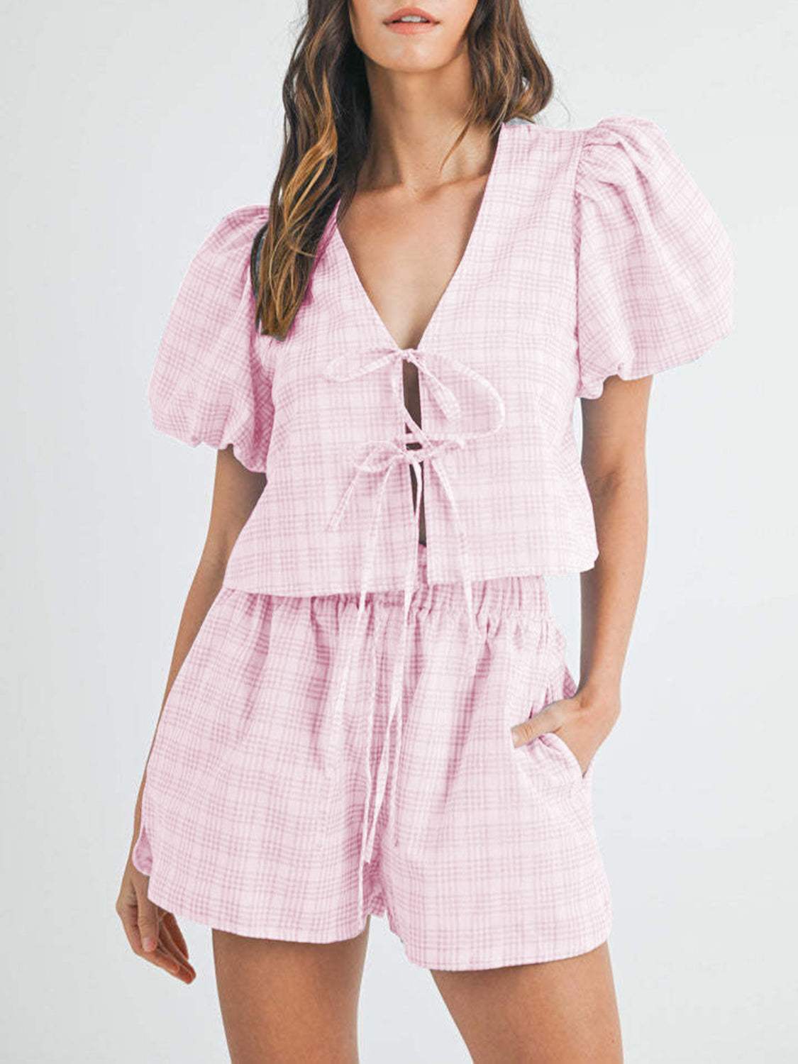 V-Neck Puff Sleeve Top and Shorts Set - Trendsi - Flyclothing LLC