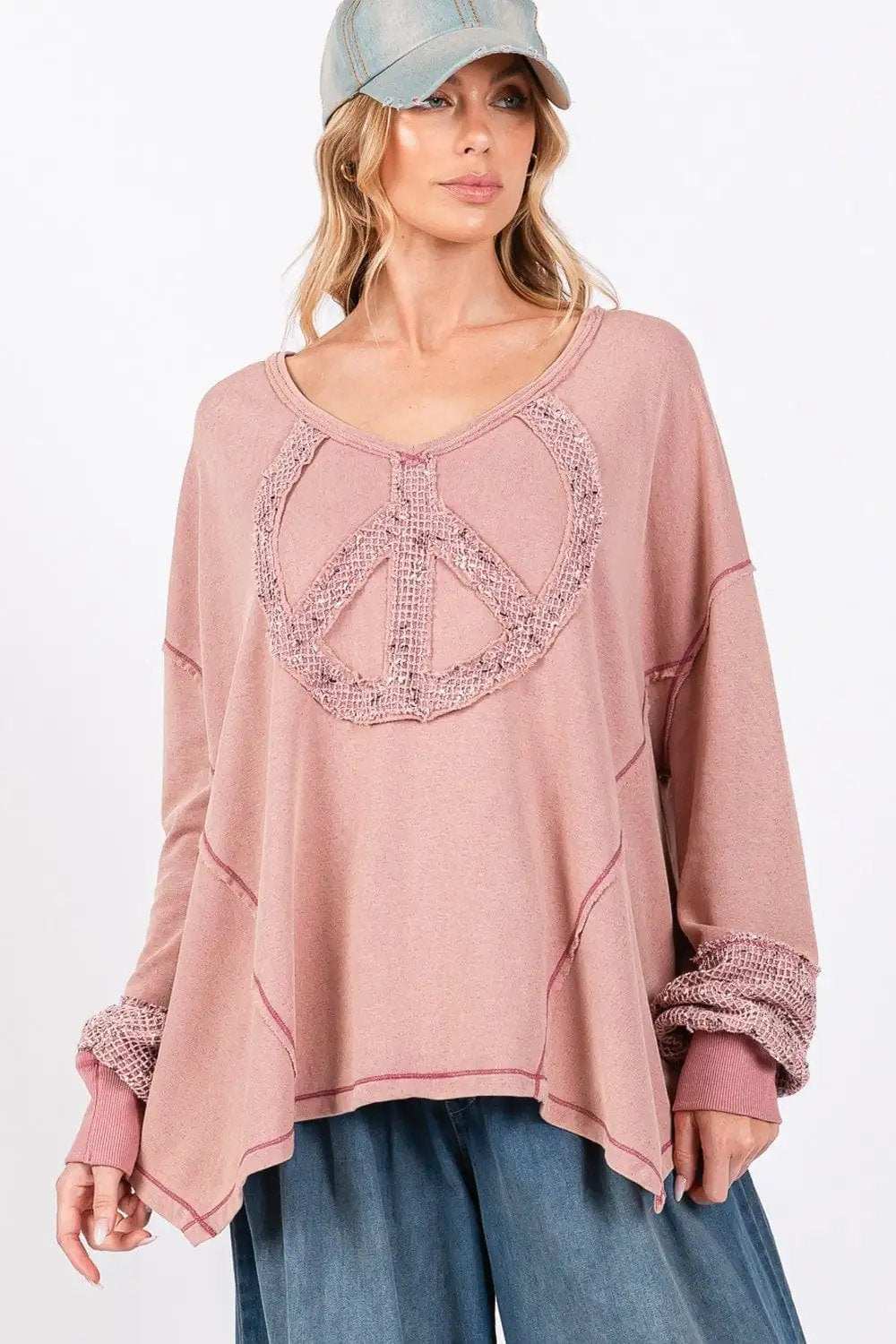 SAGE + FIG Peace Sign Mineral Wash Terry Top - Trendsi - Flyclothing LLC