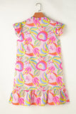Ruffled Printed Cap Sleeve Mini Dress - Trendsi