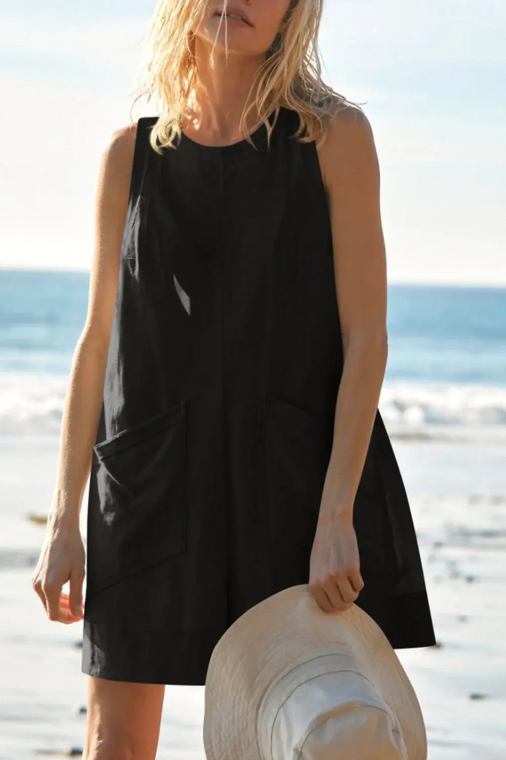 Lovelet Round Neck Sleeveless Romper with Pockets - Trendsi - Flyclothing LLC