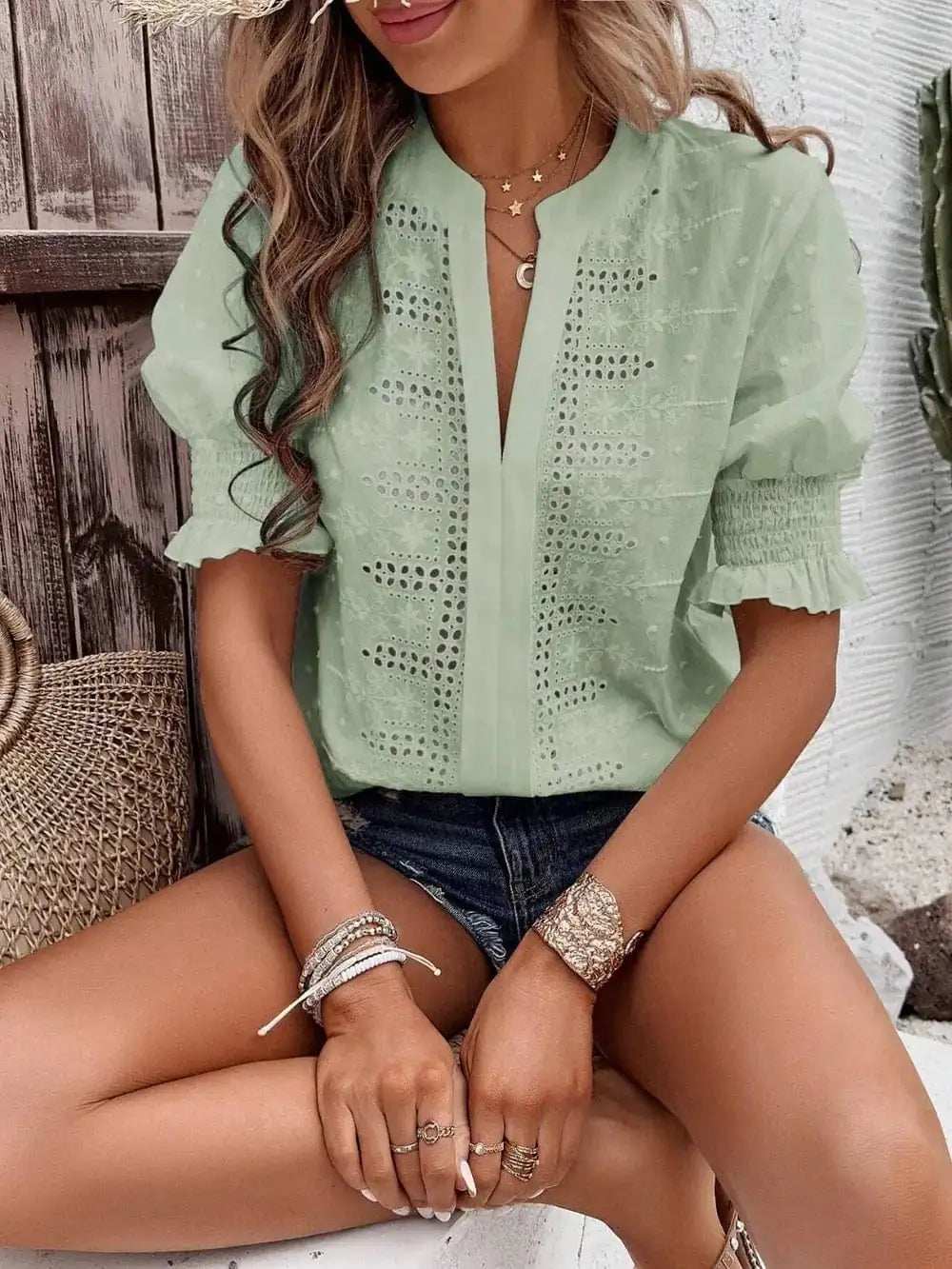 Eyelet Notched Flounce Sleeve Blouse - Trendsi - Flyclothing LLC