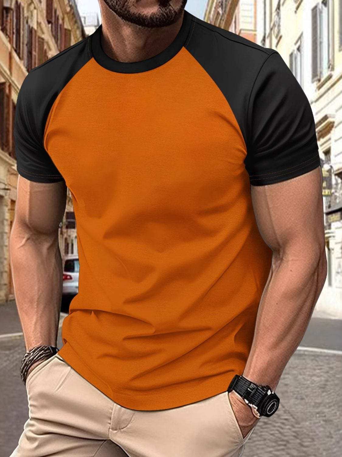 Men's Full Size Round Neck Contrast T-Shirt Plus Size - Trendsi - Flyclothing LLC