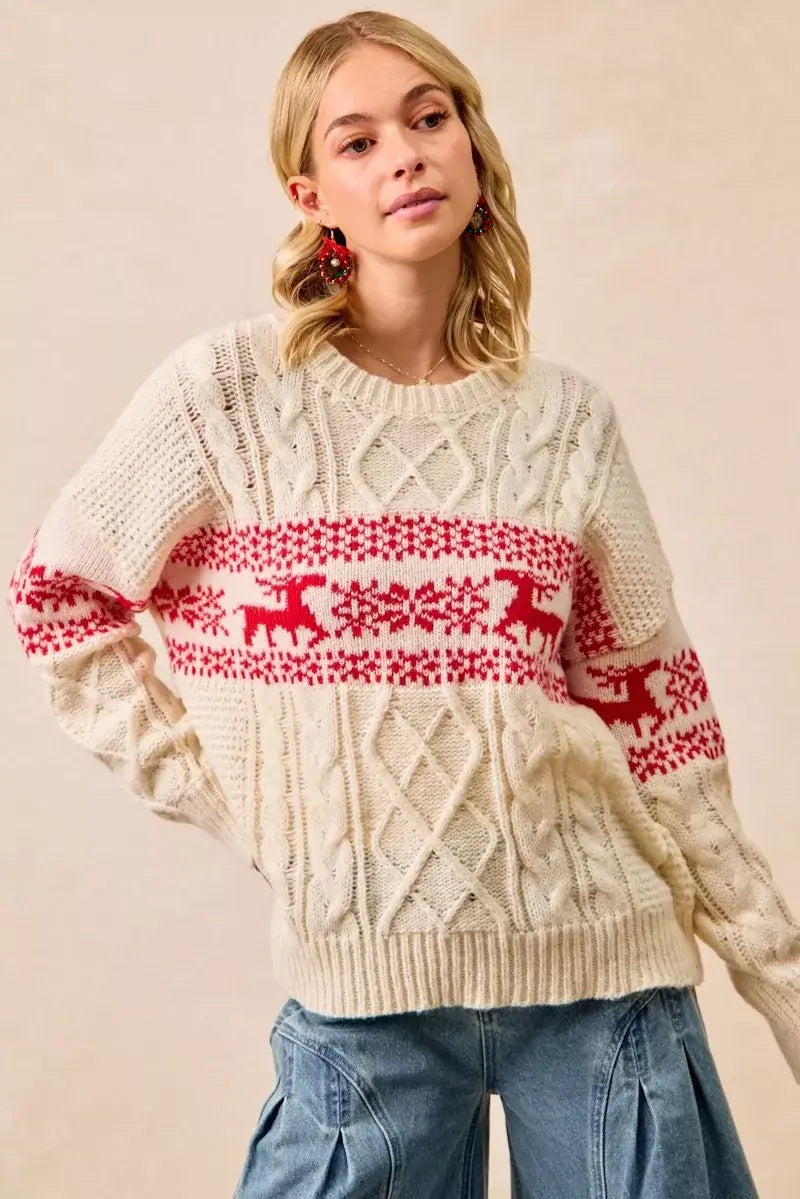 BiBi Christmas Theme Patterned Cable Knit Sweater - Trendsi - Flyclothing LLC