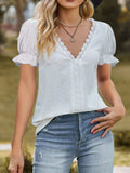 Lace Trim V-Neck Puff Sleeve Blouse - Trendsi - Flyclothing LLC