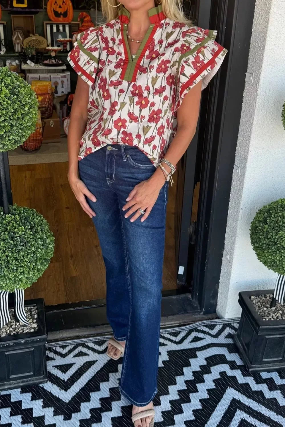 Floral Print Ruffle Sleeve Blouse - Trendsi - Flyclothing LLC