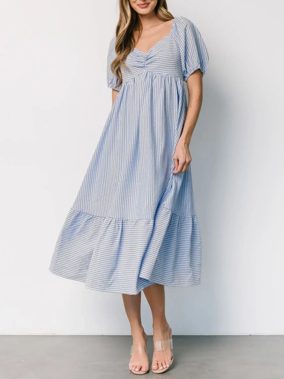 Striped Sweetheart Neck Puff Sleeve Midi Dress - Trendsi - Flyclothing LLC