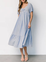 Striped Sweetheart Neck Puff Sleeve Midi Dress - Trendsi - Flyclothing LLC