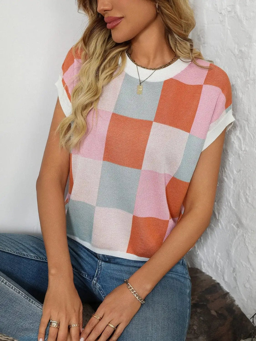 Mandy Checkered Round Neck Cap Sleeve Knit Top - Trendsi