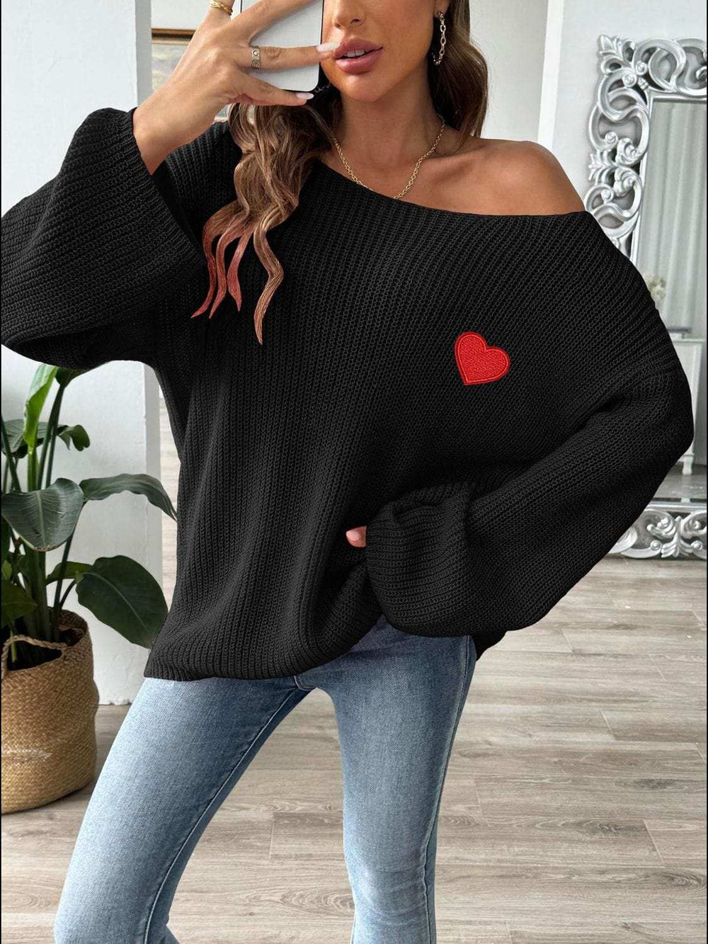 Heart Boat Neck Dropped Shoulder Sweater - Trendsi - Flyclothing LLC