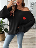 Heart Boat Neck Dropped Shoulder Sweater - Trendsi