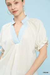 Umgee Textured V-Neck Top with Lace Trim Details - Trendsi - Flyclothing LLC