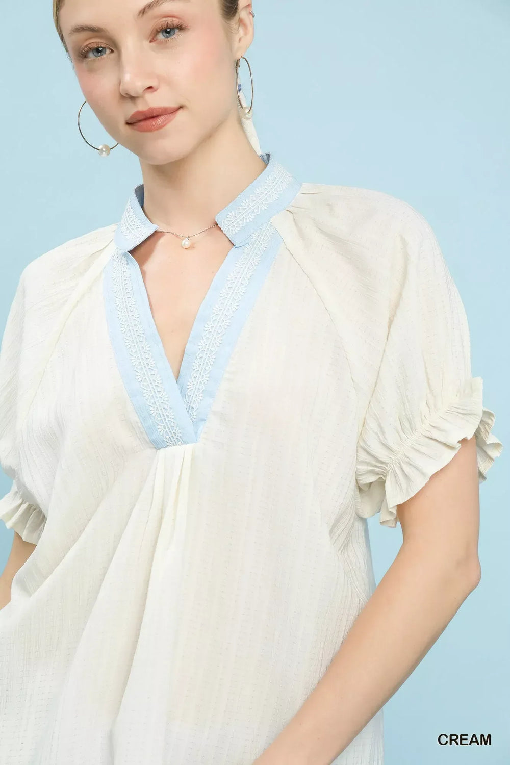 Umgee Textured V-Neck Top with Lace Trim Details - Trendsi - Flyclothing LLC