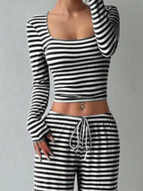 Striped Long Sleeve Crop Top and Wide Leg Pants Set - Trendsi - Flyclothing LLC
