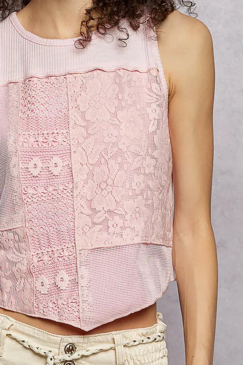 POL Ribbed Round Neck Cropped Tank with Lace Detail - Trendsi - Flyclothing LLC