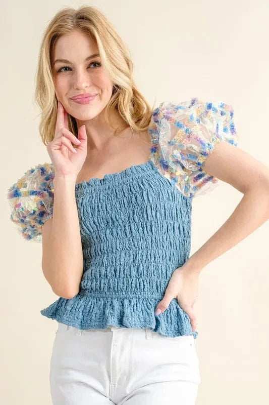 And The Why Embellishment Sleeve Smocked Top - Trendsi - Flyclothing LLC