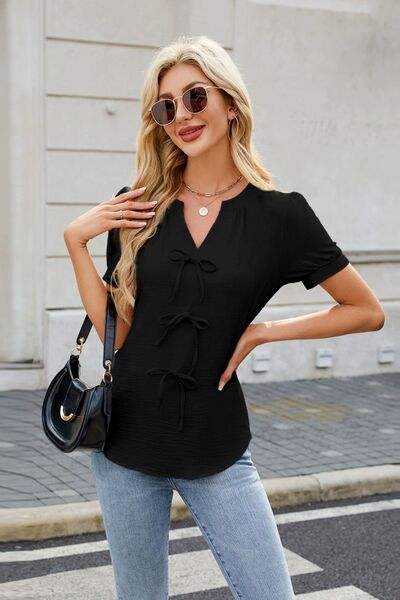 Bow Notched Short Sleeve Blouse - Trendsi - Flyclothing LLC