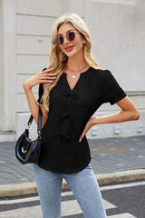 Bow Notched Short Sleeve Blouse - Trendsi - Flyclothing LLC