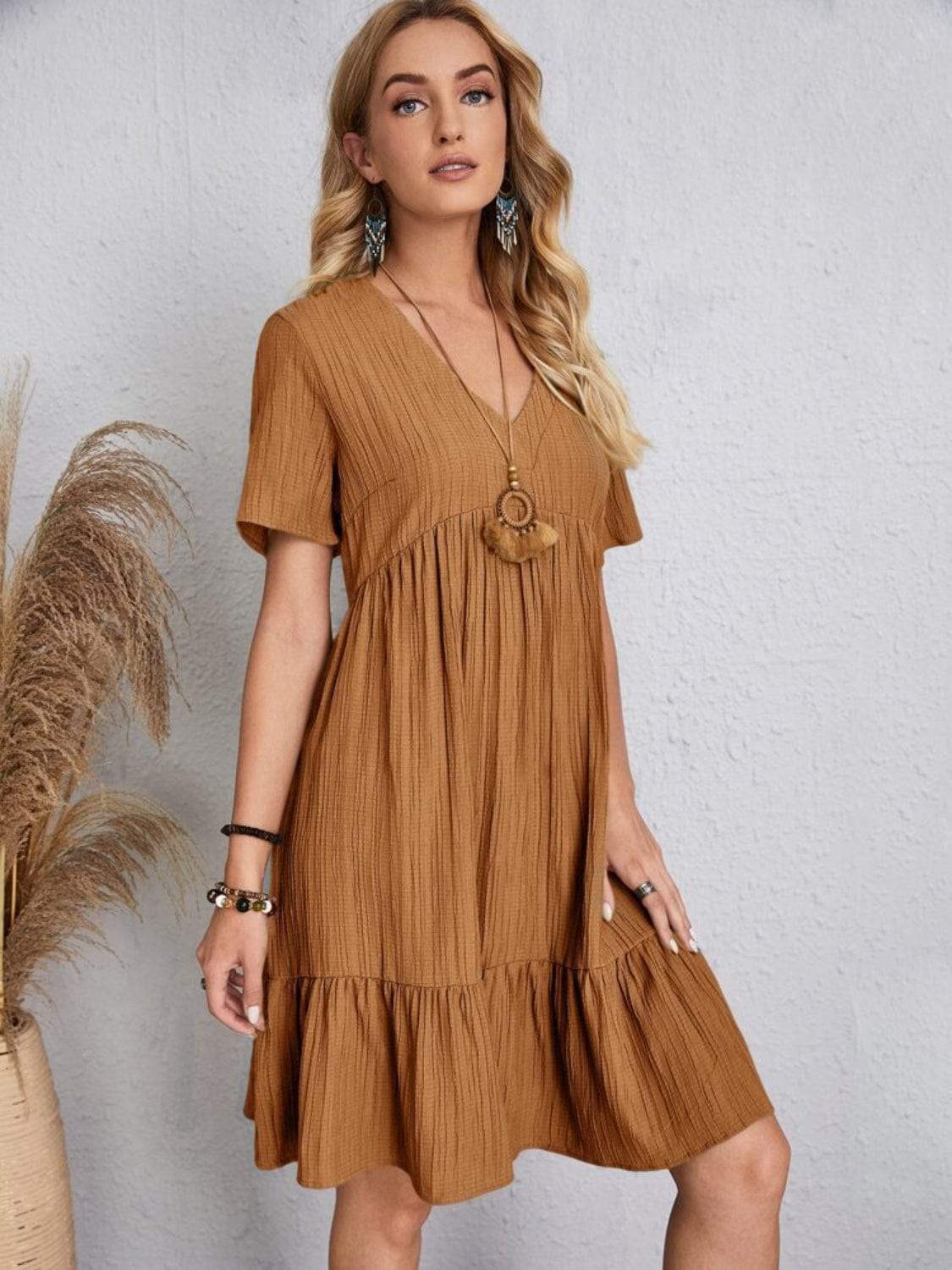 Full Size V-Neck Short Sleeve Dress - Trendsi - Flyclothing LLC