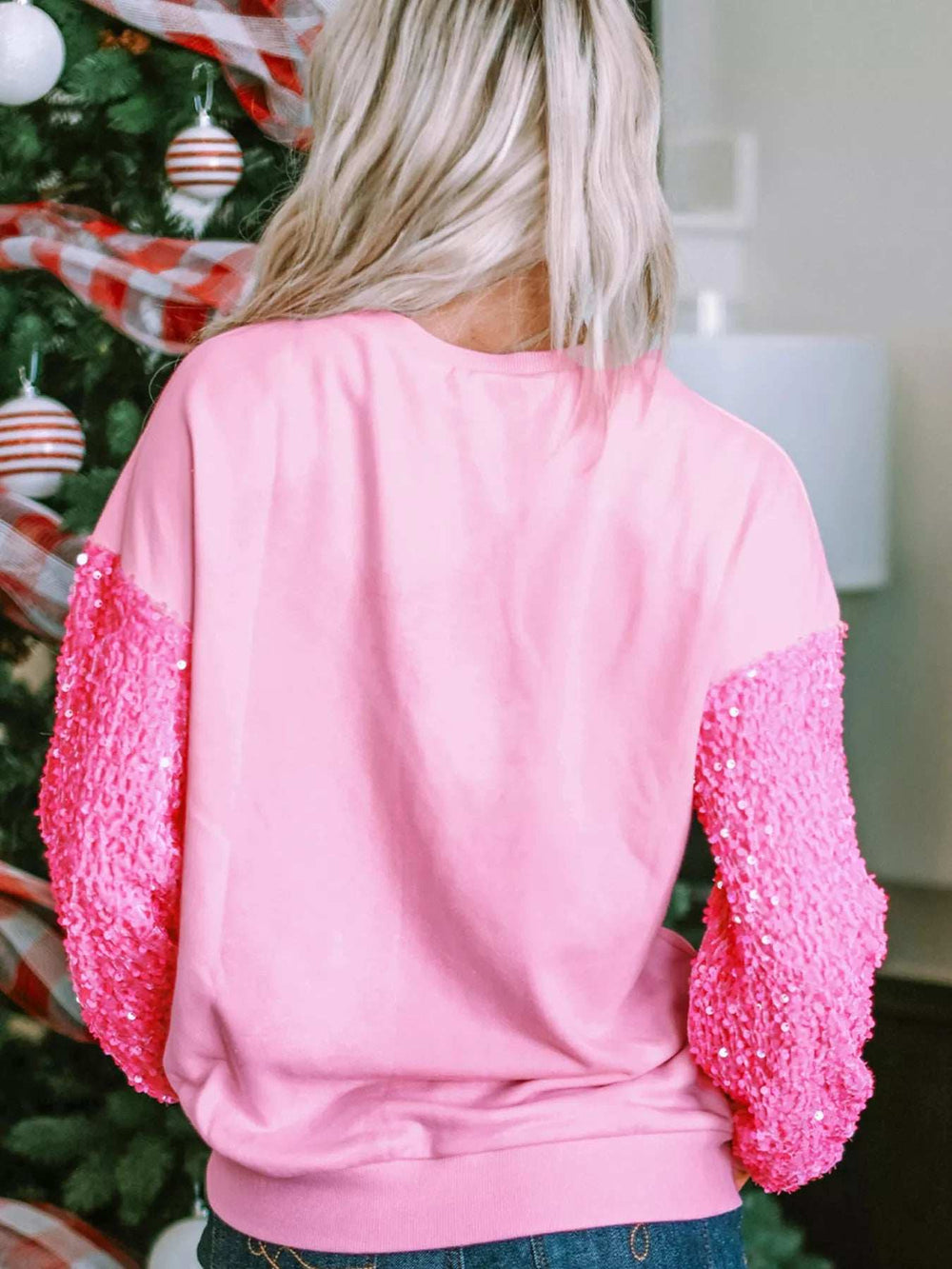 Holly Jolly Sequin Letter Drop Shoulder Long Sleeve Top - Trendsi - Flyclothing LLC