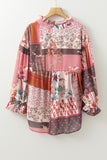 Patchwork Printed Notched Flounce Sleeve Shirt - Trendsi