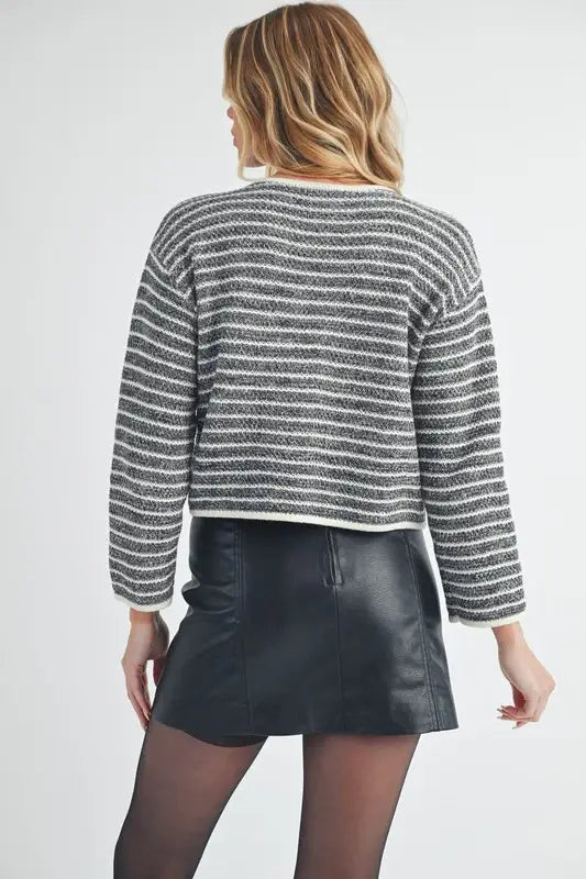 Aemi + Co Striped Button Down Round Neck Cardigan - Trendsi - Flyclothing LLC