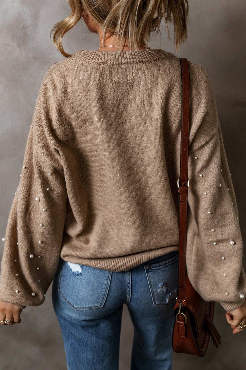 Pearl Detail Round Neck Long Sleeve Sweater - Trendsi - Flyclothing LLC