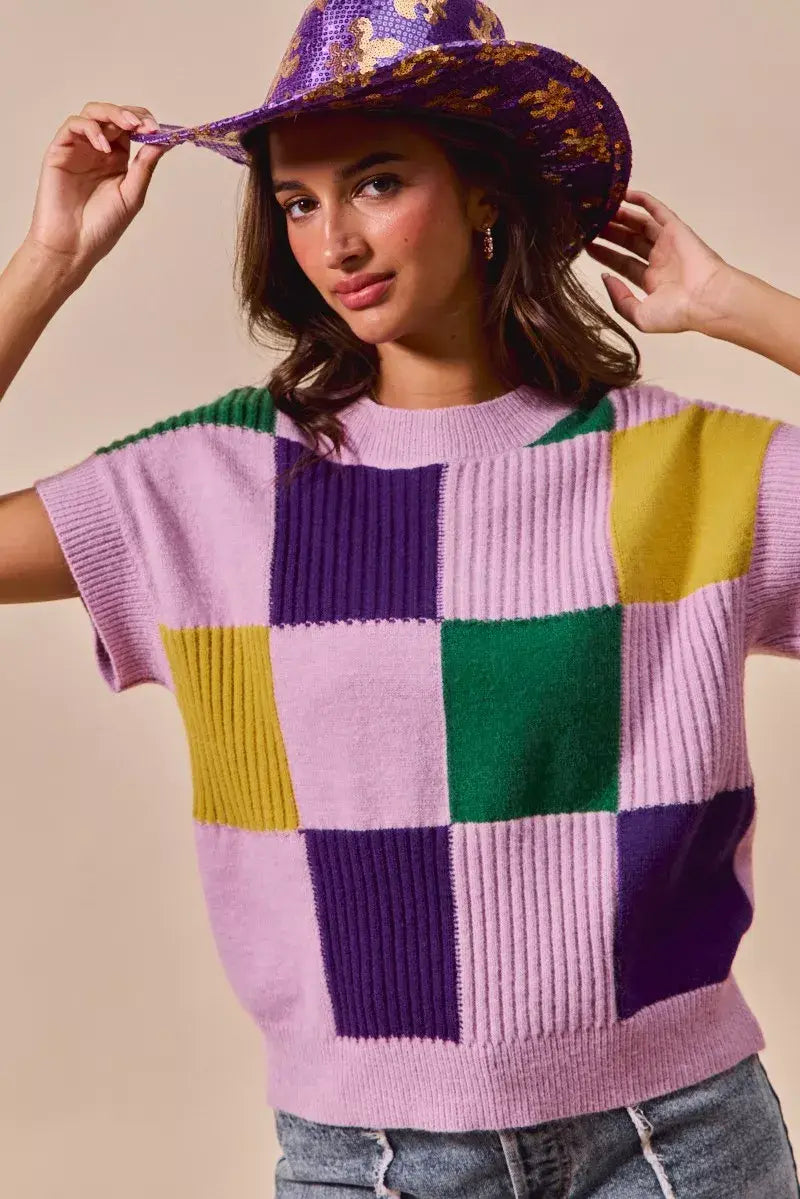 SO ME Mardi Gras Check Plaid Casual Sweater Top - Trendsi - Flyclothing LLC
