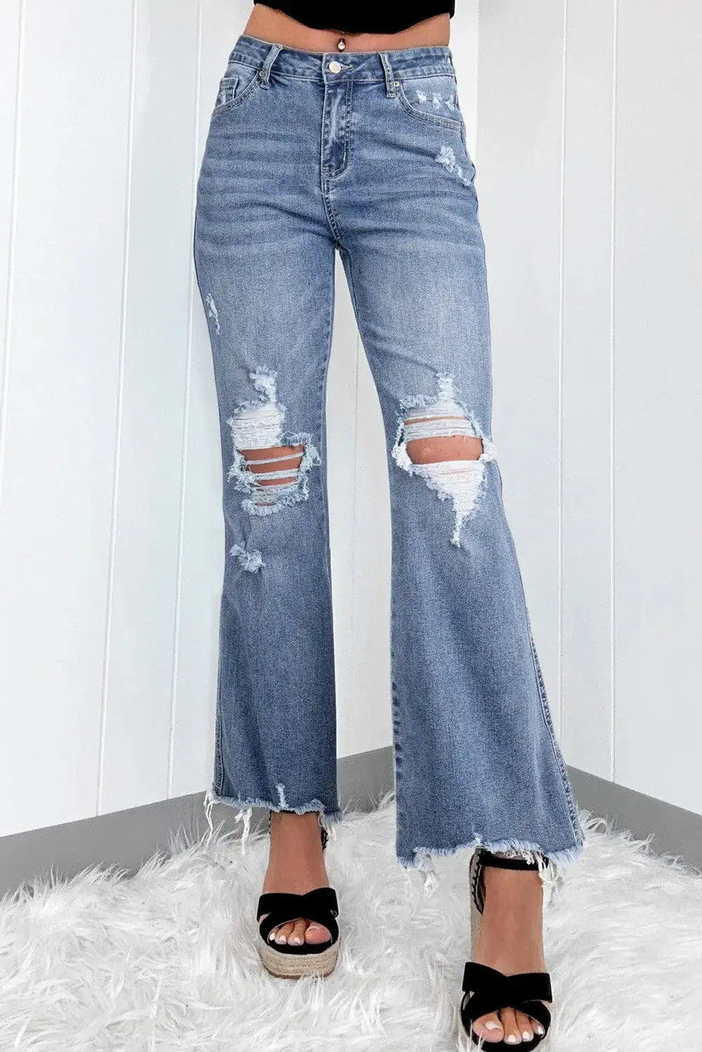 Distressed Raw Hem Bootcut Jeans - Trendsi