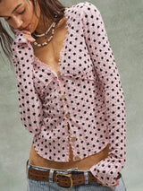 Polka Dot Button Down Textured Long Sleeve Blouse - Trendsi - Flyclothing LLC