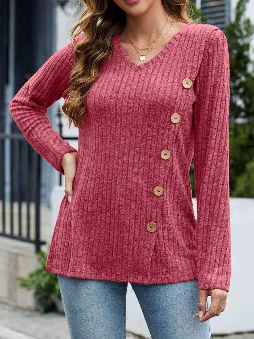 V-Neck Long Sleeve T-Shirt - Trendsi - Flyclothing LLC