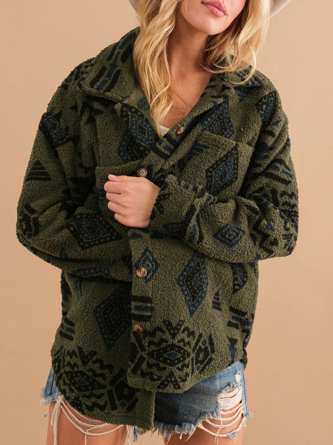 Geometric Button Up Long Sleeve Sherpa Jacket - Trendsi