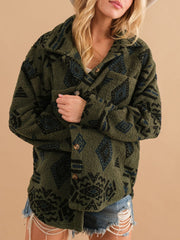 Geometric Button Up Long Sleeve Sherpa Jacket - Trendsi