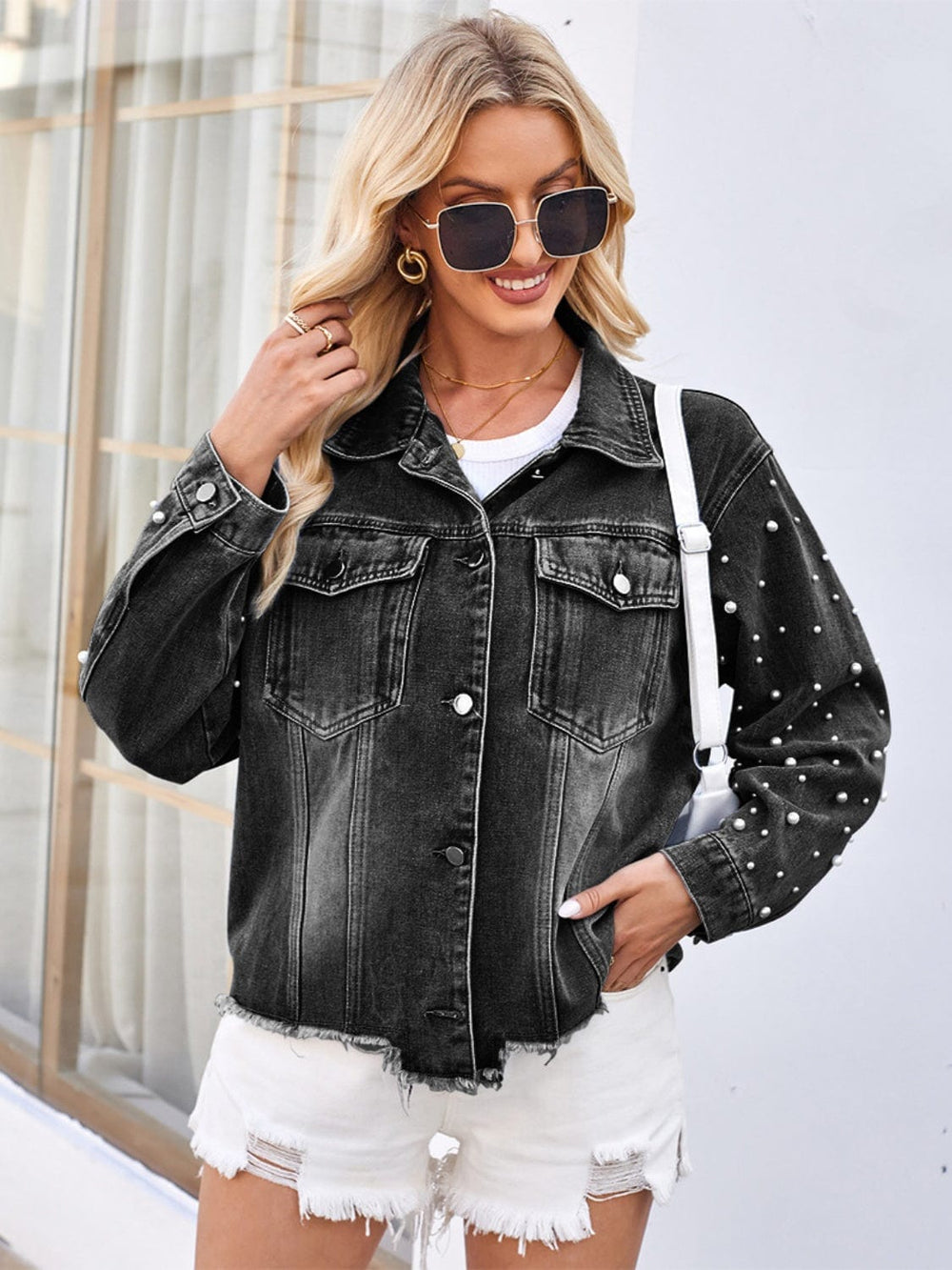 Pearl Trim Raw Hem Denim Jacket - Trendsi