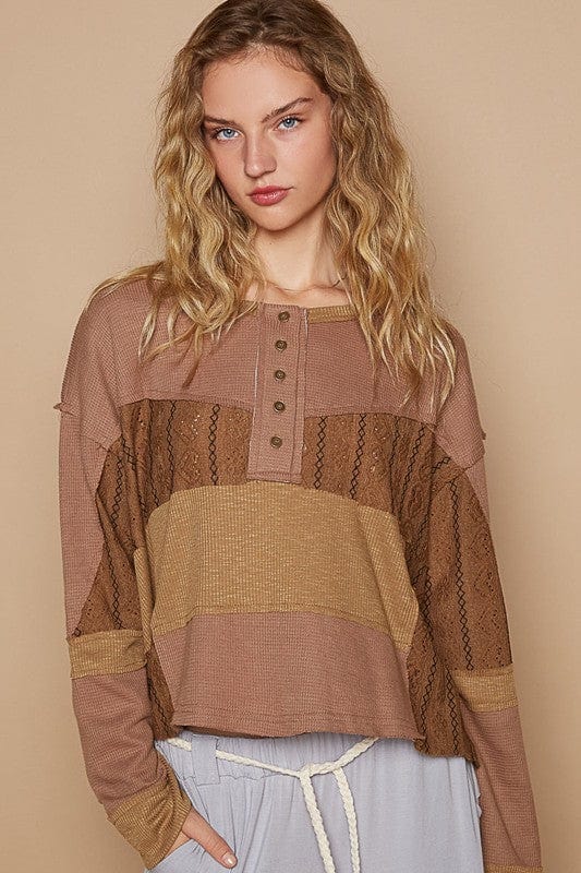 POL Half Button Color Block Drop Shoulder Knit Top - Trendsi